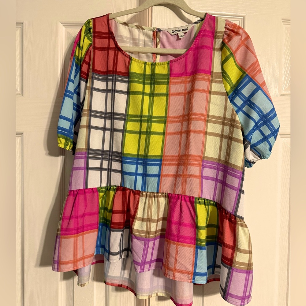 Large Colorful Plaid Peplum Top - Boutique Purchase (Worn Once)